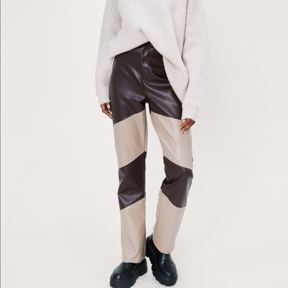 Color Block Faux Leather Flared Pants
